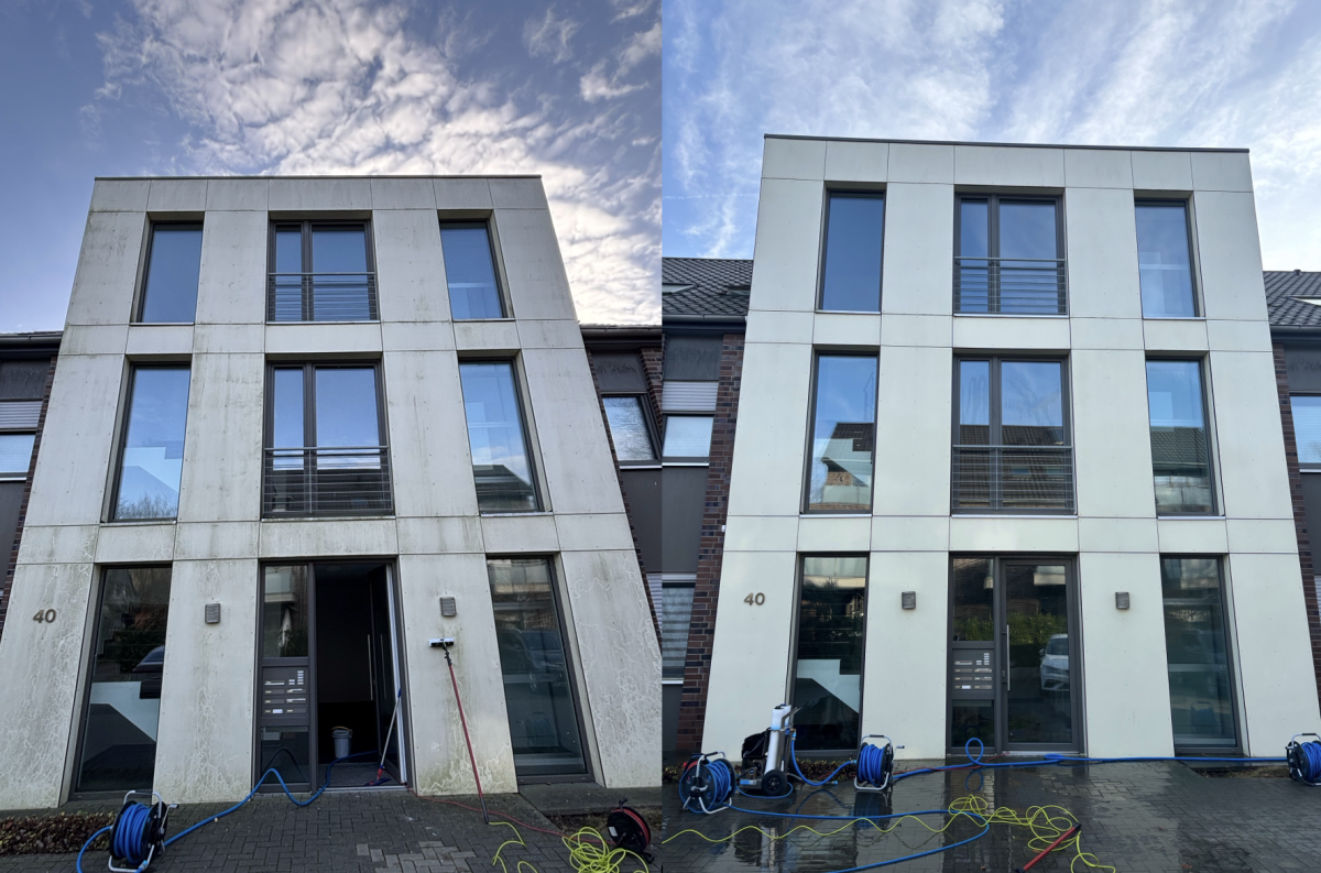 Fassaden- & Glasreinigung mit Osmoseanlage – sichtbare Vorher-Nachher-Ergebnisse